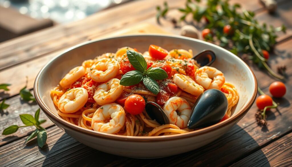 Mediterranean mixed seafood pasta